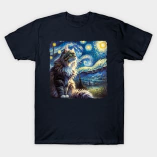 Domestic Medium Hair Starry Night Inspired - Artistic Cat T-Shirt